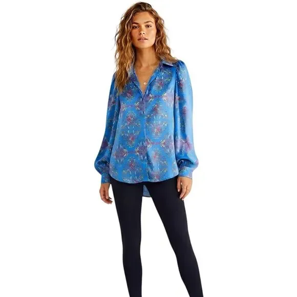 Olivaceous Womens Blouse Sz Small Satin Floral Button down Blue Spring Summer - Picture 1 of 16